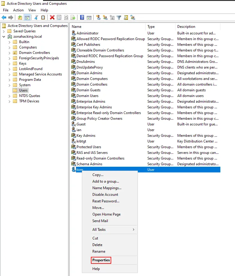 Propiedades del usuario tom