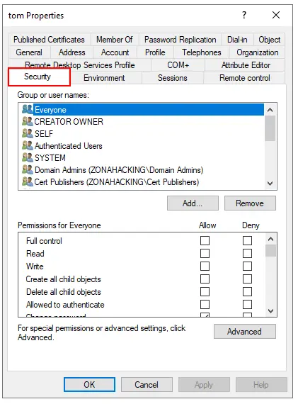 Acceso a la pestaña Security