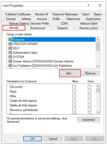 Acceso a la pestaña Security