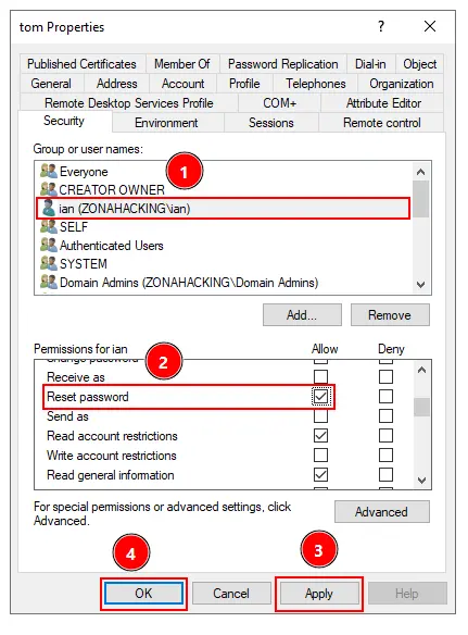 Asiganción del permiso reset password
