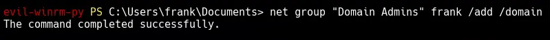 Uso del comando net para agregar al usuario frank al grupo Domain Admins.