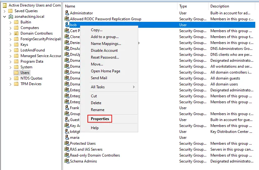 Acceso a las propiedades del usuario bob.