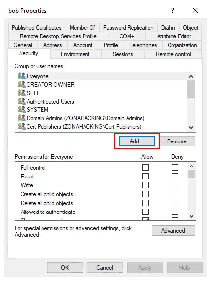 Acceso a las propiedades del usuario bob.