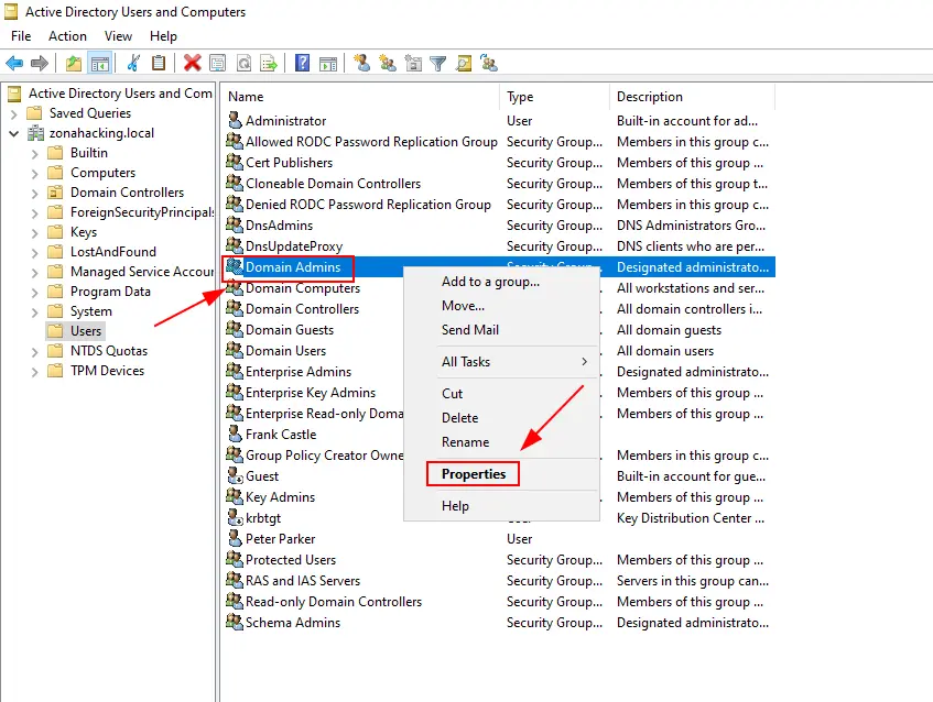 Acceso a las propiedades de Domain Admins