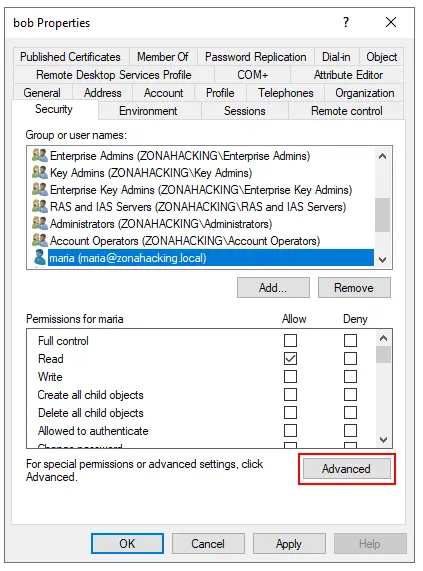 Acceso a las propiedades del usuario bob.