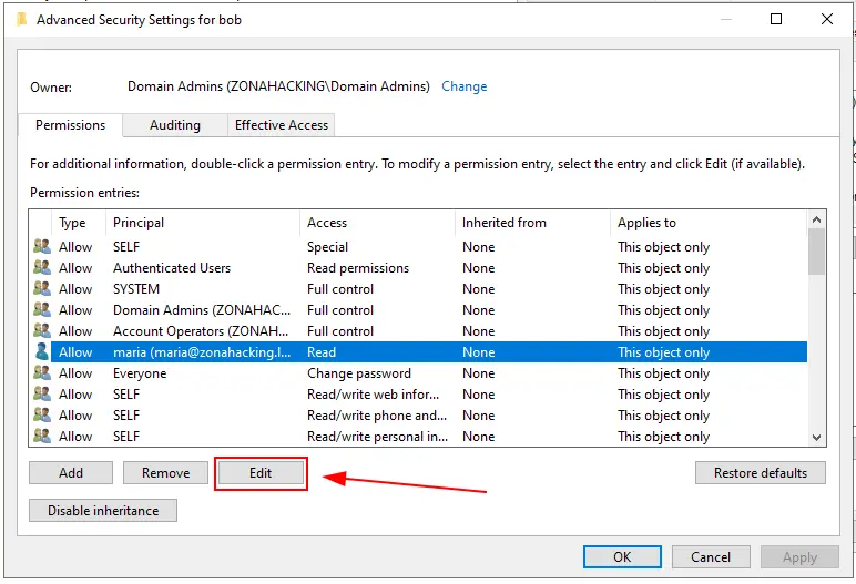 Acceso a las propiedades del usuario bob.