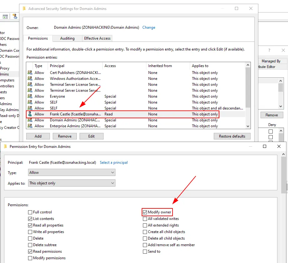 Asiganmos el privilegio Modify Owner